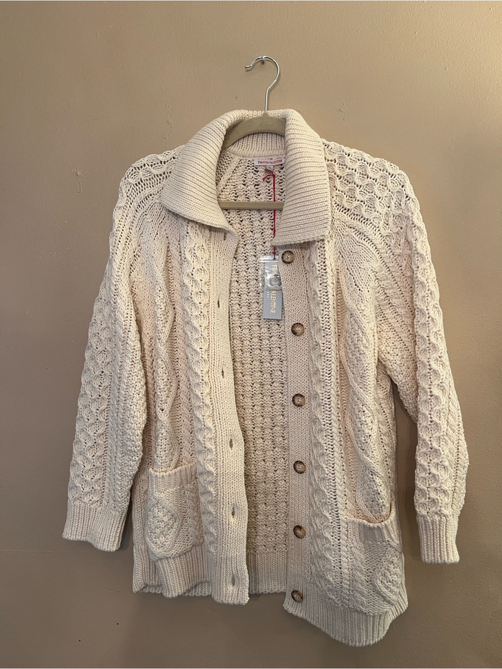Frances Valentine Cream Fisherman Cable-Knit Button Cardigan, NWT